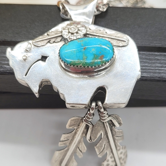 Navajo turquoise sterling silver 925 Buffalo pendant. - Picture 6 of 6